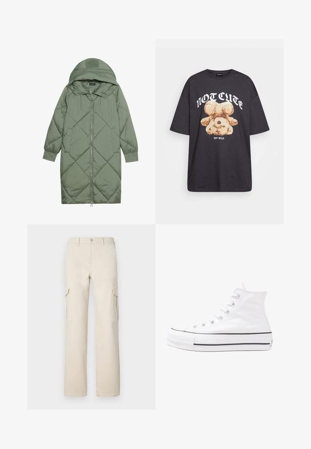 Gesteppten langer grüner Daunenmantel mit Kapuze, mit einem Reißverschluss vorne und zwei Seitentaschen. Strukturiertes Rautenmuster auf der gesamten Fläche.; Schwarzes, übergroßes T-Shirt mit einem Grafikdruck eines Bären und dem Text "NICHT SÜß, SONDERN WILD" in fetter, weißer Schrift. Baumwollmaterial.; Beige Cargo-Hose mit weitem Bein aus Baumwolle, ausgestattet mit zwei seitlichen Taschen und einem Knopfverschluss. Das Modell zeichnet sich durch ein schickes Design und eine gerade Silhouette aus.; Weiße hochwertige Leinensneaker mit schwarzer Gummisohle, vorderem Gummizehenschutz und sechs Ösen für Schnürsenkel, die ein sauberes, minimalistisches Design aufweisen.