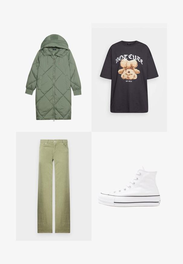Quilted long green puffer coat with a hood, featuring a front zipper closure and two side pockets. Textured diamond pattern throughout.; Black oversized t-shirt featuring a graphic of a bear with the text “NOT CUTE BUT WILD” in bold, white lettering. Cotton material.; Green cotton trousers with a straight leg design, featuring front pockets, a button closure, and a clean, textured fabric finish.; White high-top canvas sneaker with black rubber sole, front rubber toe cap, and six eyelets for laces, featuring a clean, minimalist design.