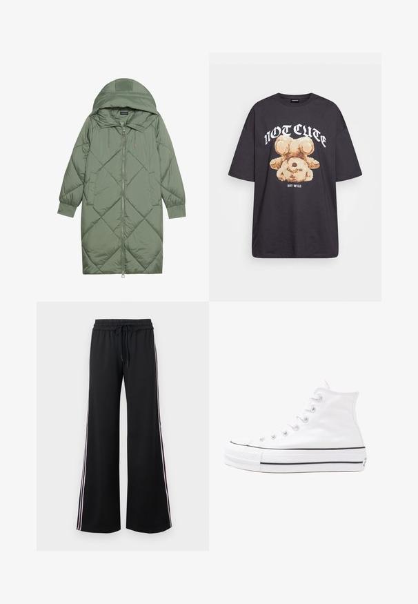 Quilted long green puffer coat with a hood, featuring a front zipper closure and two side pockets. Textured diamond pattern throughout.; Black oversized t-shirt featuring a graphic of a bear with the text “NOT CUTE BUT WILD” in bold, white lettering. Cotton material.; Black wide-leg pants made of soft fabric with an elastic waistband and drawstring. Features white and maroon side stripes for contrast.; White high-top canvas sneaker with black rubber sole, front rubber toe cap, and six eyelets for laces, featuring a clean, minimalist design.