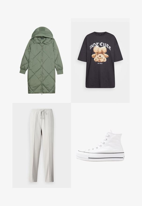 Steppelt, hosszú zöld pufikabát kapucnival, elöl cipzáras záródással és két oldalsó zsebből áll. Az anyagon teljes hosszában váltakozó gyémántmintázat található.; Fekete, oversized póló, rajta egy medvével és a "NEM CUKI, HANEM FÉKTELEN" felirattal vastag, fehér betűkkel. Pamut anyag.; Világosszürke sportnadrág, rugalmas derékkal, húzózsinórral és oldalvarrásokkal. Simító anyagból készült, laza fit érdekében.; Fehér magaskorsó vászon sportcipő fekete gumi talppal, elülső gumi orrnyereggel és hat fűzőlyukkal, letisztult, minimalista dizájnnal.