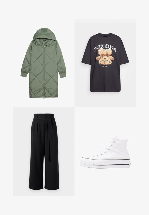 Quiltuotas ilgas žalias pūkinis paltas su kapuce, turintis priekinį užtrauktuką ir dvi šonines kišenes. Visame paviršiuje yra tekstūrinis rombų raštas.; Juodas per didelis marškinėliai su bearo grafika ir tekstu "NE SIAUBINGA, BET NERAMUS" bold baltomis raidėmis. Pagaminta iš medvilnės.; Juodi plačiakojai kelnes, pagamintos iš lengvos medžiagos, su surišamu liemneliu, klostėmis ir trumpu kirpimu virš kulkšnies.; Balti aukštakulniai drobės sportbačiai su juodu guminio pado, priekinio guminio piršto dangteliu ir šešiais akytėmis raištams, pasižymintys švariu, minimalistiniu dizainu.