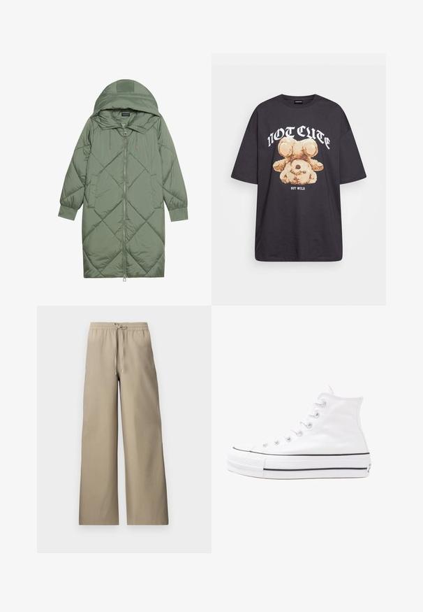 Manteau matelassé long vert avec capuche, doté d'une fermeture éclair à l'avant et de deux poches latérales. Motif en losanges texturé sur toute sa surface.; T-shirt noir oversize avec un graphique d'un ours et le texte « PAS MIGNON MAIS SAUVAGE » en lettres blanches, en gras. Matériau en coton.; Pantalons larges beiges avec une taille élastique et un cordon de serrage, présentant une texture de tissu lisse et des poches latérales.; Baskets montantes en toile blanche avec semelle en caoutchouc noir, capuchon en caoutchouc à l'avant, et six œillets pour les lacets, présentant un design épuré et minimaliste.