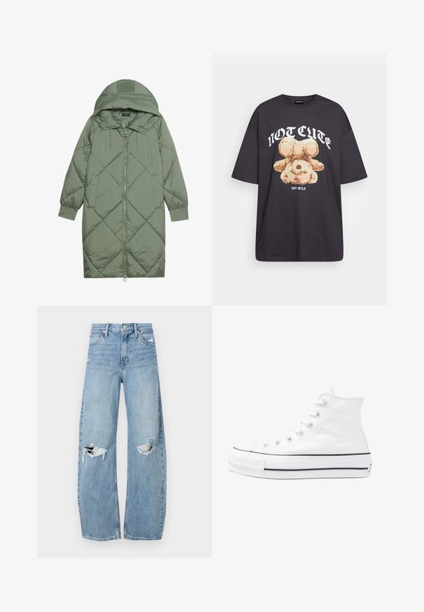 Quilted long green puffer coat with a hood, featuring a front zipper closure and two side pockets. Textured diamond pattern throughout.; Black oversized t-shirt featuring a graphic of a bear with the text “NOT CUTE BUT WILD” in bold, white lettering. Cotton material.; Light blue, high-waisted jeans made of denim. Feature wide legs, two torn knee areas, and classic five-pocket styling.; White high-top canvas sneaker with black rubber sole, front rubber toe cap, and six eyelets for laces, featuring a clean, minimalist design.