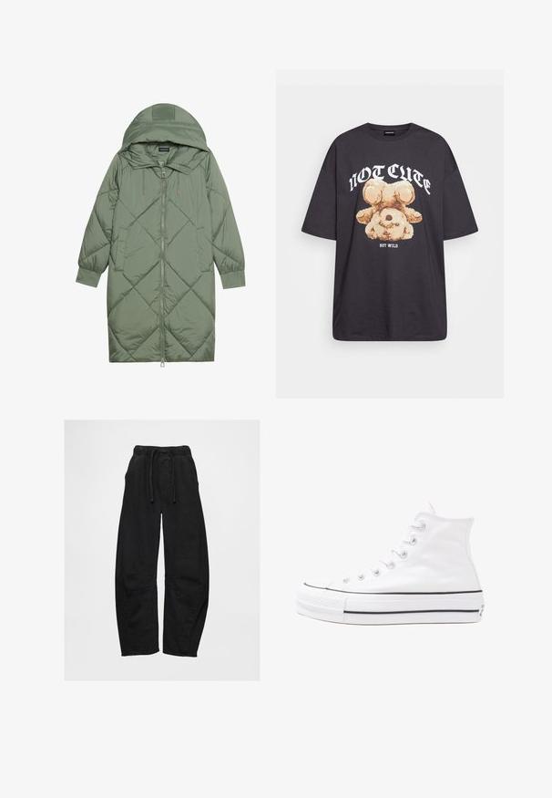 Vihreä vuorattu pitkänmallinen puhvitakki, jossa on huppu, etuvetoketju ja kaksi sivutaskua. Koko takin pinta on teksturoidussa timanttikuviossa.; Mustat ylisuurent-paidat, joissa on karhun grafiikka ja teksti "EI SULOINEN VAAN VILLI" rohkealla valkoisella fontilla. Puuvillamateriaali.; Mustat, leveät farkut, joissa on joustava vyötärönyöri, sivutaskut ja polvilevyjen yksityiskohdat.; Valkoiset korkeavartiset kangaskengät mustalla kumipohjalla, edessä kuminen varvasosa ja kuusi nauha-aukkoa, puhtaan minimalistisella muotoilulla.