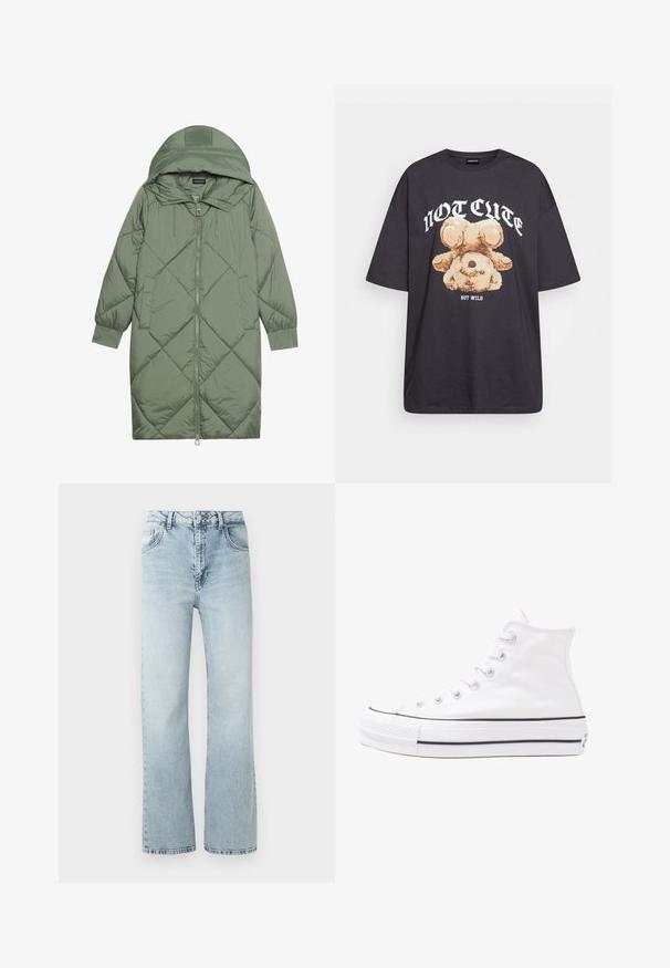 Casaco puffer longo verde acolchoado com capuz, apresentando um fecho frontal com zíper e dois bolsos laterais. Padrão texturizado em forma de diamante por todo o casaco.; T-shirt oversized preto com uma gráfica de um urso e o texto "NÃO FOFO, MAS SELVAGEM" em letras brancas e em negrito. Material em algodão.; Jeans de denim azul claro com uma cintura alta, corte largo e desbaste subtil. Apresenta um design clássico de cinco bolsos e fecho de botão metálico.; Sapatilha alta de tela branca com sola de borracha preta, bico de borracha na frente e seis ilhós para os atacadores, apresentando um design limpo e minimalista.