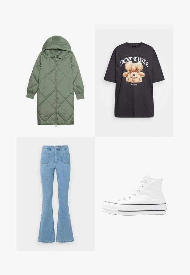 Cele nouă pictate în verde închis, din material pufos, cu glugă, care dispune de închidere cu fermoar frontal și două buzunare laterale. Model texturat cu un model în diamant pe întreaga suprafață.; Tricou oversized negru featuring un grafic cu un urs și textul „NU E DRĂGUȚ DAR SUNT SĂLBATIC” în litere albe, îndrăznețe. Material din bumbac.; Blugi evazați de culoare albastru deschis, cu talie înaltă, cinci buzunare și o textură netedă din denim, cu detalii cusute de-a lungul cusăturilor.; Adidași albi tip pantofi sport cu glezna din pânză, cu talpă din cauciuc negru, capac de vârf din cauciuc frontal și șase ochiuri pentru șireturi, având un design curat și minimalist.