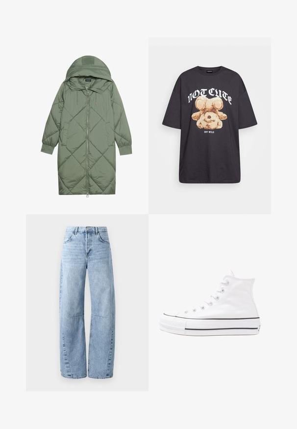 Casaco puffer longo verde acolchoado com capuz, apresentando um fecho frontal com zíper e dois bolsos laterais. Padrão texturizado em forma de diamante por todo o casaco.; T-shirt oversized preto com uma gráfica de um urso e o texto "NÃO FOFO, MAS SELVAGEM" em letras brancas e em negrito. Material em algodão.; Jeans de pérna larga azul claro, feitos de denim, com cintura alta, cinco bolsos e um desbotado discreto. As pernas apresentam costuras e emendas visíveis.; Sapatilha alta de tela branca com sola de borracha preta, bico de borracha na frente e seis ilhós para os atacadores, apresentando um design limpo e minimalista.
