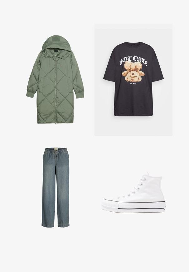 Izšūts garš zaļš pūšļa mētelis ar kapuci, ar priekšējo rāvējslēdzēju un divām sānu kabatām. Visā virsmā ir teksturēta dimanta raksts.; Melna, pārmērīga t-kreklu, kurā attēlots lācis ar uzrakstu "NAV MIERĪGS, BET VILKIS" treknos baltos burtiem. Izgatavots no kokvilnas materiāla.; Gaiši zilas džinsa bikses ar platu kāju dizainu, elastīgu jostasvietu un auklu. Iespējamā standarta šuvju izpilde un nav redzamu kabatu.; Balti augstie kanvas sporta apavi ar melnu gumijas zoli, priekšējo gumijas purngalu un sešām acīm lencēm, kuriem ir tīrs, minimālistisks dizains.