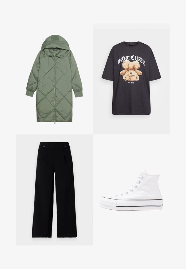 Cele nouă pictate în verde închis, din material pufos, cu glugă, care dispune de închidere cu fermoar frontal și două buzunare laterale. Model texturat cu un model în diamant pe întreaga suprafață.; Tricou oversized negru featuring un grafic cu un urs și textul „NU E DRĂGUȚ DAR SUNT SĂLBATIC” în litere albe, îndrăznețe. Material din bumbac.; Pantaloni negri cu talie largă, având un depanare plată, buzunare laterale și două nasturi la talie. Material neted cu un luciu subtil.; Adidași albi tip pantofi sport cu glezna din pânză, cu talpă din cauciuc negru, capac de vârf din cauciuc frontal și șase ochiuri pentru șireturi, având un design curat și minimalist.