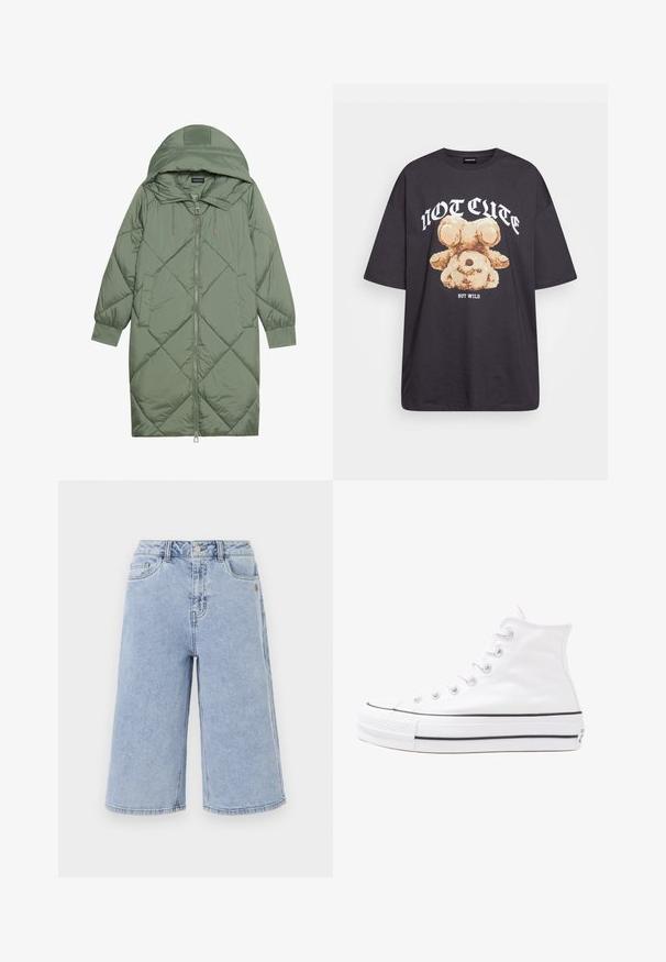 Quiltet lang grønn pufferjakke med hette, med en frontglidelås og to sidelommer. Teksturerte diamantmønster overalt.; Svart oversized t-skjorte med en grafikk av en bjørn og teksten "IKKE SØT, MEN VILL" i fet, hvit skrift. Laget av bomull.; Object OBJISR BERMUDA - Jeansshorts - medium blue denim; Hvit høy-skinn kanvas sneakers med svart gummisåle, gummitåhette foran og seks hull for snorer, med et rent, minimalistisk design.