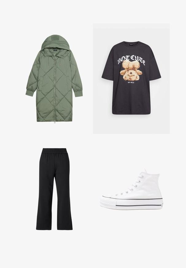 Izšūts garš zaļš pūšļa mētelis ar kapuci, ar priekšējo rāvējslēdzēju un divām sānu kabatām. Visā virsmā ir teksturēta dimanta raksts.; Melna, pārmērīga t-kreklu, kurā attēlots lācis ar uzrakstu "NAV MIERĪGS, BET VILKIS" treknos baltos burtiem. Izgatavots no kokvilnas materiāla.; Melni sporta bikses ar plašu kājām. Izgatavotas no mīksta auduma, ar elastīgu jostu un bez redzamām detaļām vai rakstiem.; Balti augstie kanvas sporta apavi ar melnu gumijas zoli, priekšējo gumijas purngalu un sešām acīm lencēm, kuriem ir tīrs, minimālistisks dizains.