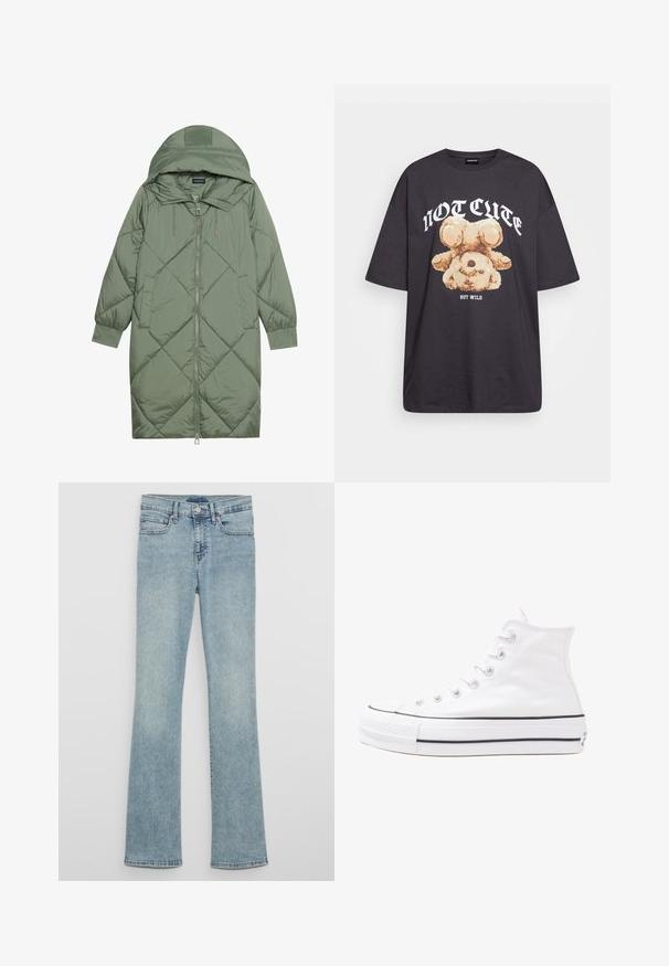 Gequiltede lange groene pufferjas met een capuchon, met een ritssluiting aan de voorkant en twee zijzakken. Gelaagd ruitpatroon overal.; Zwart oversized t-shirt met een afbeelding van een beer en de tekst "NIET SCHATTIG, MAAR WILD" in grote, witte letters. Gemaakt van katoen.; Lichtblauwe denim flared jeans met een hoge taille, voorzien van riemlussen, voorzakken en een vervaagde wassing.; Witte high-top canvas sneakers met een zwarte rubberen zool, een rubberen neuskap aan de voorkant en zes gaatjes voor veters, met een schone, minimalistische uitstraling.