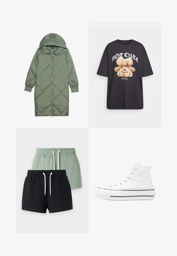 Zelený prešívaný páperový kabát s kapucňou, so zipsovým uzáverom vpredu a dvoma bočnými vreckami. Po celom povrchu je textúrovaný diamantový vzor.; Čierne oversized tričko s grafikou medveďa a textom "NIE ROZTOMILÉ ALE DIVOKÉ" v tučnom bielom písmene. Bavlnený materiál.; Dva páry šortiek: jedny svetlozelené a jedny čierne. Obe majú elastický pás, šnúrku a sú vyrobené z mäkkého bavlneného materiálu.; Biele vysoké plátené tenisky s čiernou gumovou podošvou, prednou gumovou špičkou a šiestimi okami na šnúrky, s čistým, minimalistickým dizajnom.
