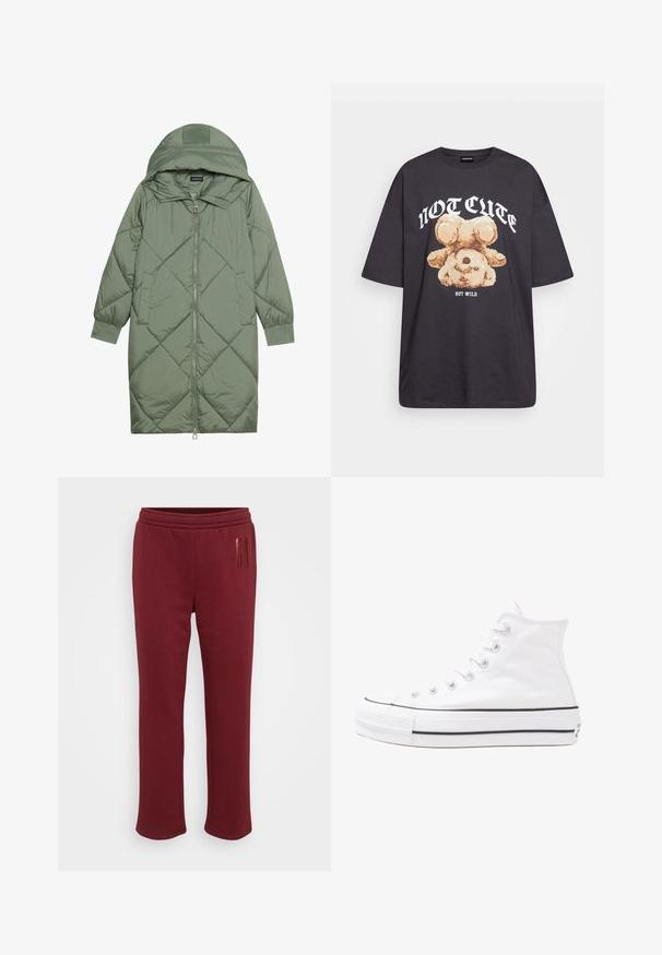 Quiltana duga zelena puffer jakna s kapuljačom, s prednjim zatvaračem i dva bočna džepa. Teksturni dijamantni uzorak kroz cijelu jaknu.; Crna oversized majica s grafikom medvjeda i natpisom "NIJE SLATKO, ALI DIVLJE" u podebljanim, bijelim slovima. Pamuk.; Bordo trenirke s elastičnim pojasom, glatkom teksturom i suptilnim reflektirajućim logotipom otisnutim na lijevom butu. Ležeran dizajn.; Bijela visoka platnena tenisica s crnom gumenom potplatom, prednjim gumenim zaštitnikom prstiju i šest rupa za vezanje, s čistim, minimalističkim dizajnom.