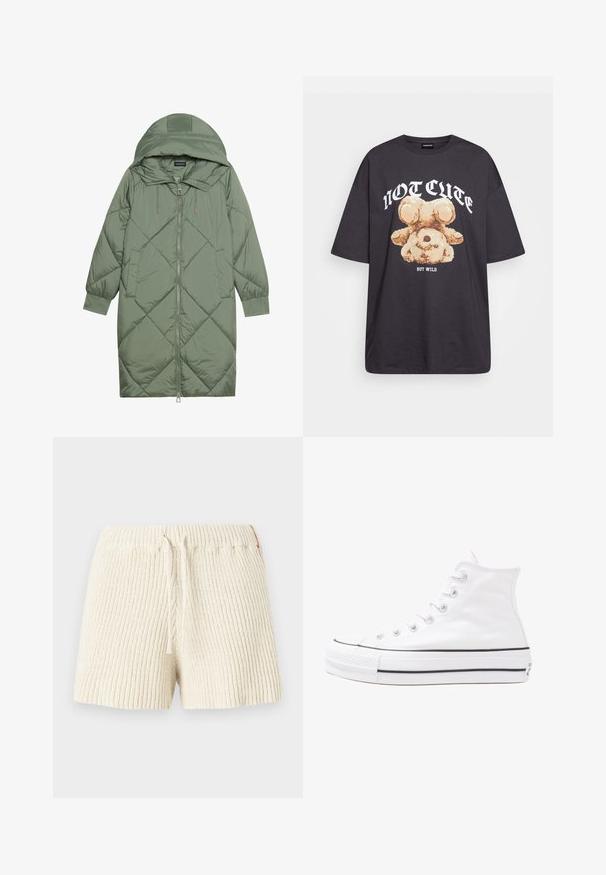 Cappotto lungo imbottito verde con un cappuccio, caratterizzato da una chiusura frontale a zip e due tasche laterali. Motivo a rombi testurizzati su tutta la superficie.; T-shirt nera oversize con una grafica di un orso e la scritta "NON CARINA MA SELVAGGIA" in grassetto, lettere bianche. Materiale in cotone.; Shorts lavorati a maglia color crema con una texture a coste, una vita elastica e un cordoncino. Presentano un piccolo tag decorativo sul lato.; Sneaker alta in tela bianca con suola in gomma nera, punta in gomma frontale e sei asole per i lacci, caratterizzata da un design pulito e minimalista.