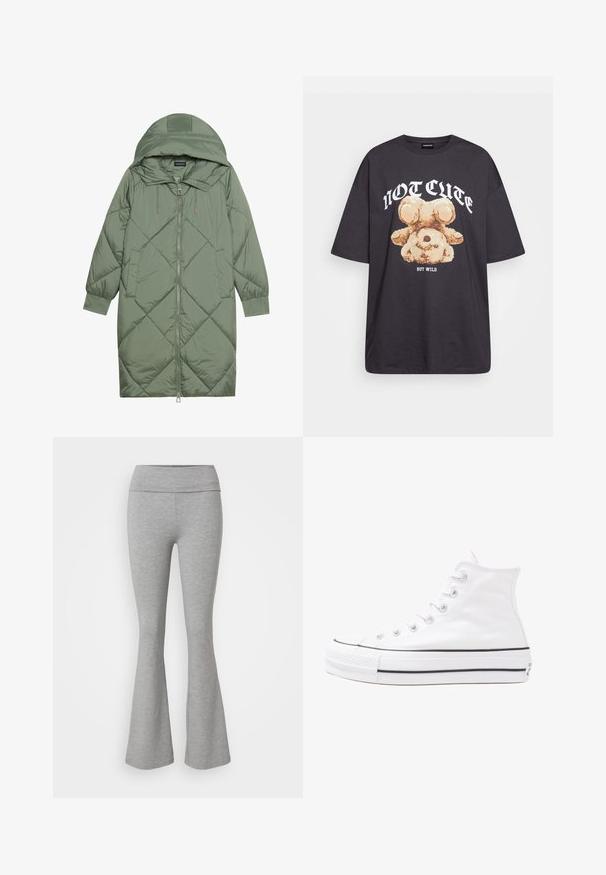 Zelený prešívaný páperový kabát s kapucňou, so zipsovým uzáverom vpredu a dvoma bočnými vreckami. Po celom povrchu je textúrovaný diamantový vzor.; Čierne oversized tričko s grafikou medveďa a textom "NIE ROZTOMILÉ ALE DIVOKÉ" v tučnom bielom písmene. Bavlnený materiál.; Sivé rozšírené legíny vyrobené z jemnej bavlnenej zmesi. Majú široký pás a hladkú textúru, ktorá zabezpečuje pohodlný strih.; Biele vysoké plátené tenisky s čiernou gumovou podošvou, prednou gumovou špičkou a šiestimi okami na šnúrky, s čistým, minimalistickým dizajnom.
