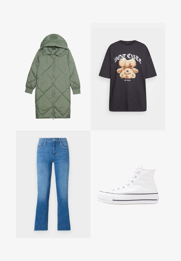 Steppelt, hosszú zöld pufikabát kapucnival, elöl cipzáras záródással és két oldalsó zsebből áll. Az anyagon teljes hosszában váltakozó gyémántmintázat található.; Fekete, oversized póló, rajta egy medvével és a "NEM CUKI, HANEM FÉKTELEN" felirattal vastag, fehér betűkkel. Pamut anyag.; Kék farmernadrág, haranggá bővülő szárakkal, közepes derékkal, öt zsebbel és klasszikus ezüst gombos záródással. Simább textúra.; Fehér magaskorsó vászon sportcipő fekete gumi talppal, elülső gumi orrnyereggel és hat fűzőlyukkal, letisztult, minimalista dizájnnal.