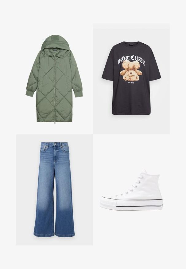 Quilted long green puffer coat with a hood, featuring a front zipper closure and two side pockets. Textured diamond pattern throughout.; Black oversized t-shirt featuring a graphic of a bear with the text “NOT CUTE BUT WILD” in bold, white lettering. Cotton material.; Wide-leg jeans in light blue denim. Features a high waist, five-pocket design, and subtle fading at the hem. Classic stitching details.; White high-top canvas sneaker with black rubber sole, front rubber toe cap, and six eyelets for laces, featuring a clean, minimalist design.