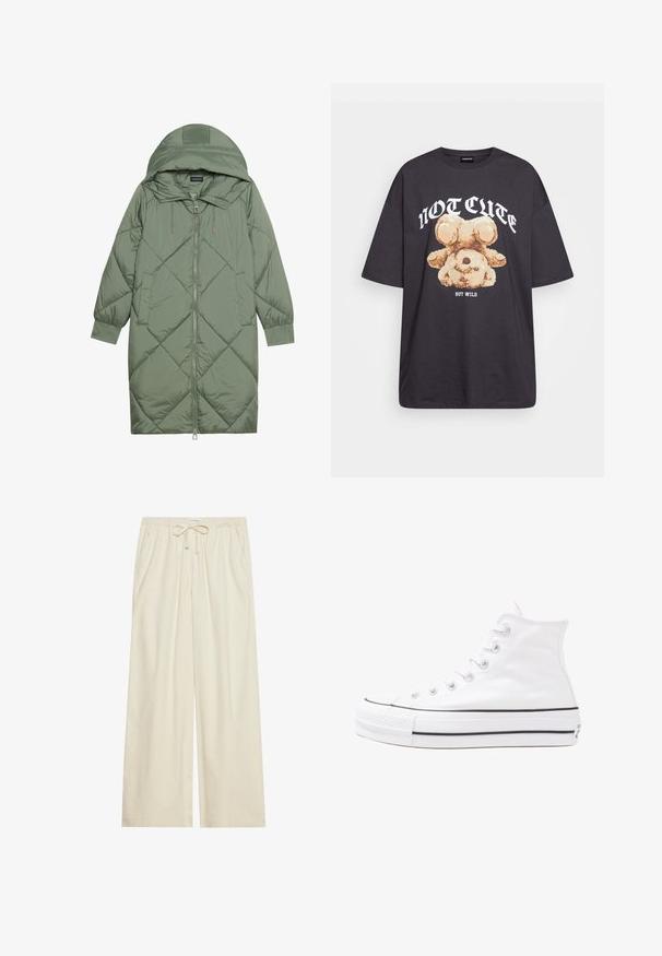 Pistetud pikk roheline puffermantel kapuutsiga, esiküljel tõmblukuga ja kahe küljetaskuga. Kogu pinnal on struktureeritud rombikujundus.; Musthave musta t-särk, millel on karu graafika ja tekst "EI NII NÄDALA, KUID MÄRG" paksult valgete tähtedega. Puuvillane materjal.; Heledad kreemivärvi lai jalgevahega püksid elastse vöökoha ja nööriga, küljetaskutega ning tekstureeritud kangaga.; Valge kõrgem kangast tenniseking, millel on must kummist tald, ees kummist varvasetugi ja kuus aukku paelte jaoks, pakkudes puhta ja minimalistliku disaini.