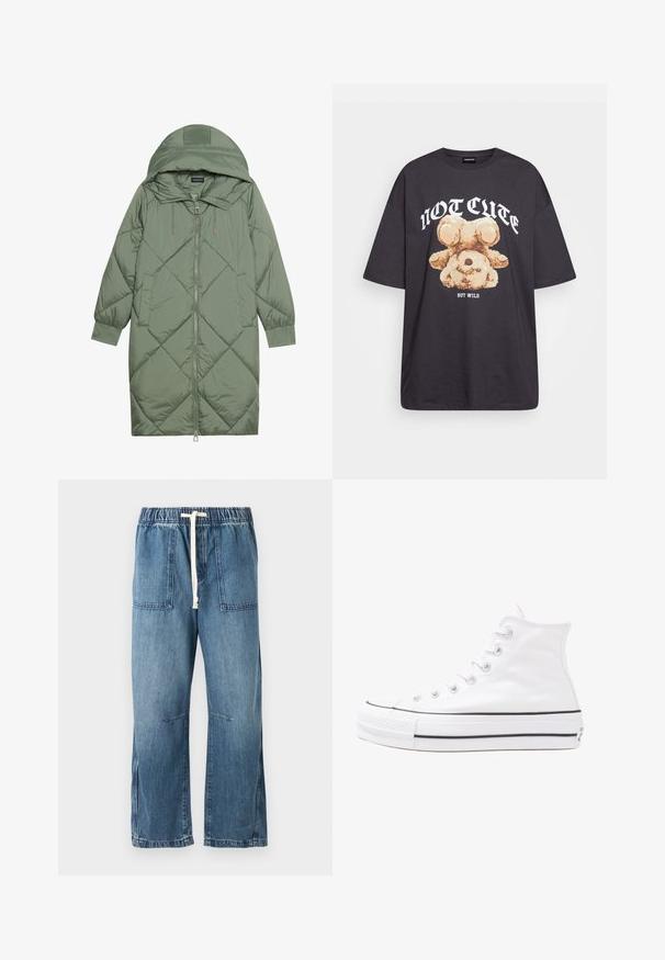 Pistetud pikk roheline puffermantel kapuutsiga, esiküljel tõmblukuga ja kahe küljetaskuga. Kogu pinnal on struktureeritud rombikujundus.; Musthave musta t-särk, millel on karu graafika ja tekst "EI NII NÄDALA, KUID MÄRG" paksult valgete tähtedega. Puuvillane materjal.; Sinine teksapüksid, millel on elastne vöökoht ja valge pael. Omab kahte esikTaskut ja laia jala disaini, sileda tekstuuriga.; Valge kõrgem kangast tenniseking, millel on must kummist tald, ees kummist varvasetugi ja kuus aukku paelte jaoks, pakkudes puhta ja minimalistliku disaini.