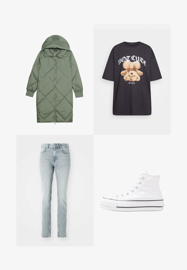 Izšūts garš zaļš pūšļa mētelis ar kapuci, ar priekšējo rāvējslēdzēju un divām sānu kabatām. Visā virsmā ir teksturēta dimanta raksts.; Melna, pārmērīga t-kreklu, kurā attēlots lācis ar uzrakstu "NAV MIERĪGS, BET VILKIS" treknos baltos burtiem. Izgatavots no kokvilnas materiāla.; Gaiši zili džinsi ar taisnu kāju piegriezumu, augsto jostasvietu, priekšējām kabatām un nodzītu apdari. Iekļautas jostas cilpas un pogu aizdare.; Balti augstie kanvas sporta apavi ar melnu gumijas zoli, priekšējo gumijas purngalu un sešām acīm lencēm, kuriem ir tīrs, minimālistisks dizains.