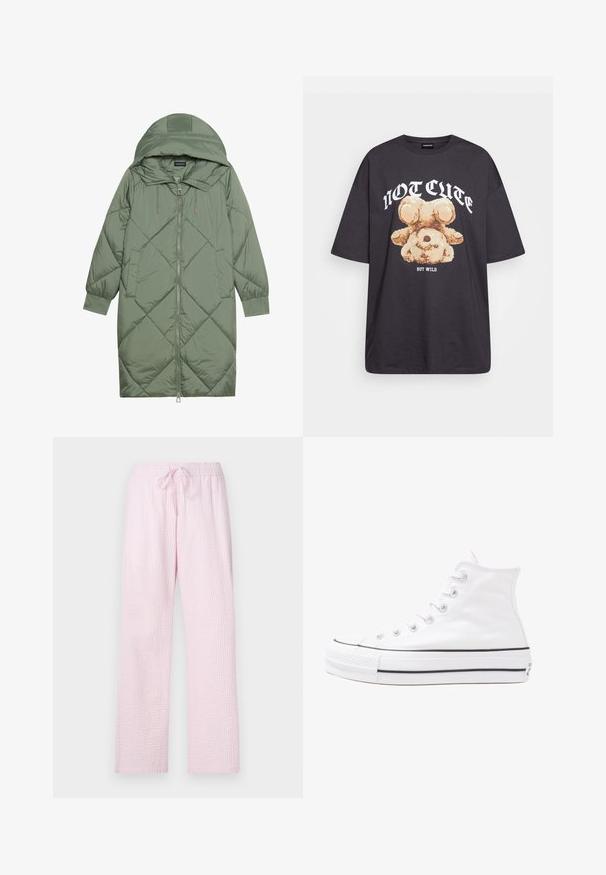 Casaco puffer longo verde acolchoado com capuz, apresentando um fecho frontal com zíper e dois bolsos laterais. Padrão texturizado em forma de diamante por todo o casaco.; T-shirt oversized preto com uma gráfica de um urso e o texto "NÃO FOFO, MAS SELVAGEM" em letras brancas e em negrito. Material em algodão.; Calças de pijama rosa claro em tecido texturizado com um corte solto, apresentando uma cintura elástica e um cordão para ajustabilidade.; Sapatilha alta de tela branca com sola de borracha preta, bico de borracha na frente e seis ilhós para os atacadores, apresentando um design limpo e minimalista.