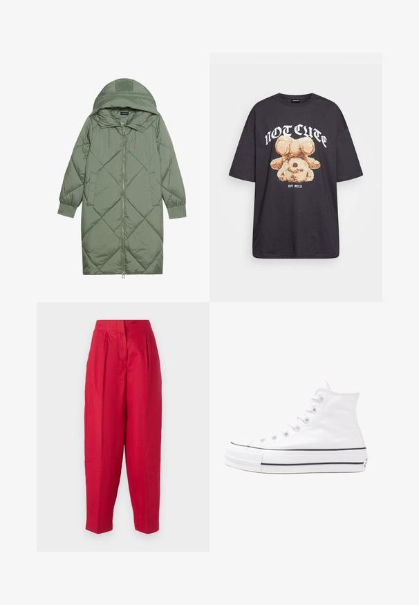 Vihreä vuorattu pitkänmallinen puhvitakki, jossa on huppu, etuvetoketju ja kaksi sivutaskua. Koko takin pinta on teksturoidussa timanttikuviossa.; Mustat ylisuurent-paidat, joissa on karhun grafiikka ja teksti "EI SULOINEN VAAN VILLI" rohkealla valkoisella fontilla. Puuvillamateriaali.; Punaiset pellavahousut, joissa on korkea vyötärö, laskostettu etuosa ja kapenevat lahkeet. Sujuva pinta ja minimalistinen muotoilu, ei näkyvää metalliosaa tai kuvioita.; Valkoiset korkeavartiset kangaskengät mustalla kumipohjalla, edessä kuminen varvasosa ja kuusi nauha-aukkoa, puhtaan minimalistisella muotoilulla.