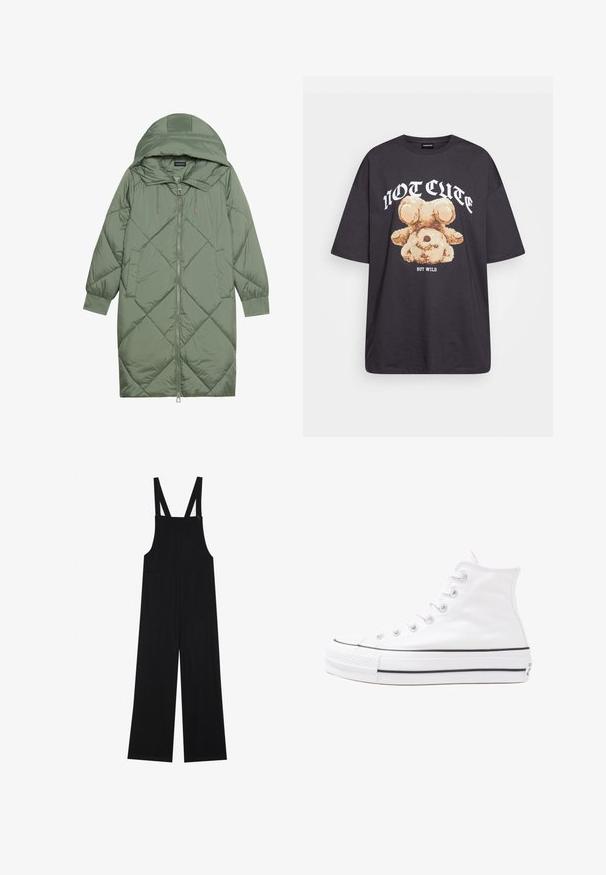 Izšūts garš zaļš pūšļa mētelis ar kapuci, ar priekšējo rāvējslēdzēju un divām sānu kabatām. Visā virsmā ir teksturēta dimanta raksts.; Melna, pārmērīga t-kreklu, kurā attēlots lācis ar uzrakstu "NAV MIERĪGS, BET VILKIS" treknos baltos burtiem. Izgatavots no kokvilnas materiāla.; Melnas kombinezons, izgatavots no mīksta auduma, ar platām starām, divām priekšējām kabatām un regulējamām plecu siksnām ar pogām.; Balti augstie kanvas sporta apavi ar melnu gumijas zoli, priekšējo gumijas purngalu un sešām acīm lencēm, kuriem ir tīrs, minimālistisks dizains.