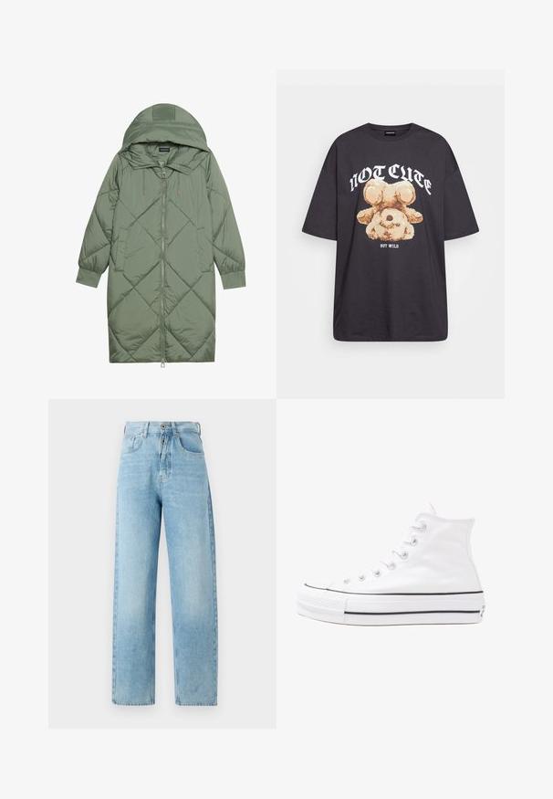 Casaco puffer longo verde acolchoado com capuz, apresentando um fecho frontal com zíper e dois bolsos laterais. Padrão texturizado em forma de diamante por todo o casaco.; T-shirt oversized preto com uma gráfica de um urso e o texto "NÃO FOFO, MAS SELVAGEM" em letras brancas e em negrito. Material em algodão.; Calças de ganga de cintura alta, de perna larga, em azul claro, com design clássico de cinco bolsos e uma textura ligeiramente desbotada. Fecho com botão de metal.; Sapatilha alta de tela branca com sola de borracha preta, bico de borracha na frente e seis ilhós para os atacadores, apresentando um design limpo e minimalista.