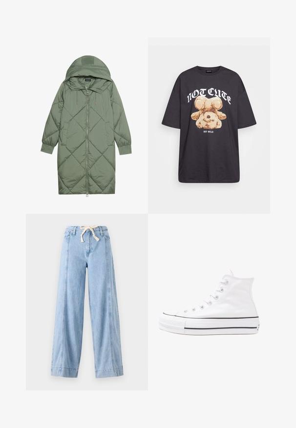 Prostorna dolga zeleni puffer plašč s kapuco, z zadrgo spredaj in dvema stranskima žepoma. Tekstura z diamantnim vzorcem po celotni površini.; Črna oversized majica s kratkimi rokavi, na kateri je grafika medveda z besedilom „NI SRČKAN VKLJUČNO Z DIVJIM“ v poudarjenem belem tisku. Material: bombaž.; Svetlo modri široki kavbojki iz denima, z elastičnim pasom in navpičnimi šivi ob straneh.; Beli visoki platneni športni čevelj z črnim gumijastim podplatom, sprednjim gumijastim zaščitnikom za prste in šestimi luknjicami za vezalke, ki se ponaša s preprostim, minimalističnim dizajnom.