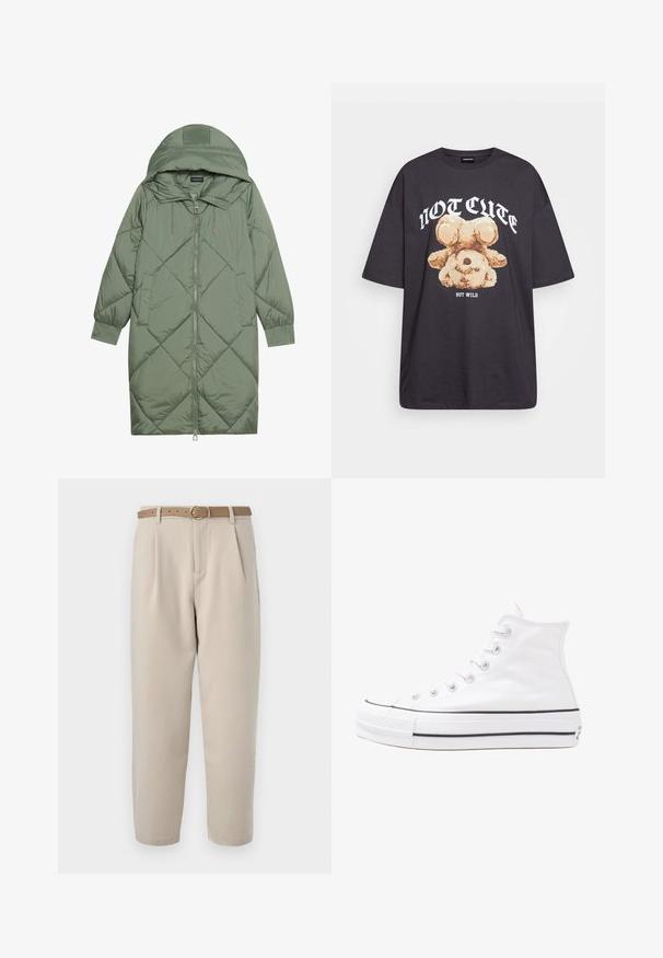 Steppelt, hosszú zöld pufikabát kapucnival, elöl cipzáras záródással és két oldalsó zsebből áll. Az anyagon teljes hosszában váltakozó gyémántmintázat található.; Fekete, oversized póló, rajta egy medvével és a "NEM CUKI, HANEM FÉKTELEN" felirattal vastag, fehér betűkkel. Pamut anyag.; Bezs színű, elöl plissézett szabott nadrág, barna övvel és kerek csattal. Az anyag simának tűnik, egyenes szabású designnal.; Fehér magaskorsó vászon sportcipő fekete gumi talppal, elülső gumi orrnyereggel és hat fűzőlyukkal, letisztult, minimalista dizájnnal.