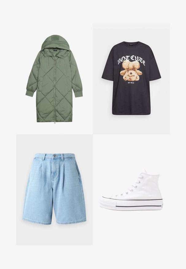 Zelený prešívaný páperový kabát s kapucňou, so zipsovým uzáverom vpredu a dvoma bočnými vreckami. Po celom povrchu je textúrovaný diamantový vzor.; Čierne oversized tričko s grafikou medveďa a textom "NIE ROZTOMILÉ ALE DIVOKÉ" v tučnom bielom písmene. Bavlnený materiál.; Svetlomodré džínsy s uvoľneným strihom, s prednými záhybmi, pútkami na opasok a klasickým päť vreckovým dizajnom.; Biele vysoké plátené tenisky s čiernou gumovou podošvou, prednou gumovou špičkou a šiestimi okami na šnúrky, s čistým, minimalistickým dizajnom.