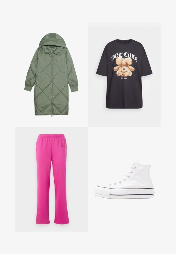 Prostorna dolga zeleni puffer plašč s kapuco, z zadrgo spredaj in dvema stranskima žepoma. Tekstura z diamantnim vzorcem po celotni površini.; Črna oversized majica s kratkimi rokavi, na kateri je grafika medveda z besedilom „NI SRČKAN VKLJUČNO Z DIVJIM“ v poudarjenem belem tisku. Material: bombaž.; Roza flis hlače s elastičnim pasom, ravnim krojem in diskretnim besedilom na zgornjem desnem stegnu.; Beli visoki platneni športni čevelj z črnim gumijastim podplatom, sprednjim gumijastim zaščitnikom za prste in šestimi luknjicami za vezalke, ki se ponaša s preprostim, minimalističnim dizajnom.