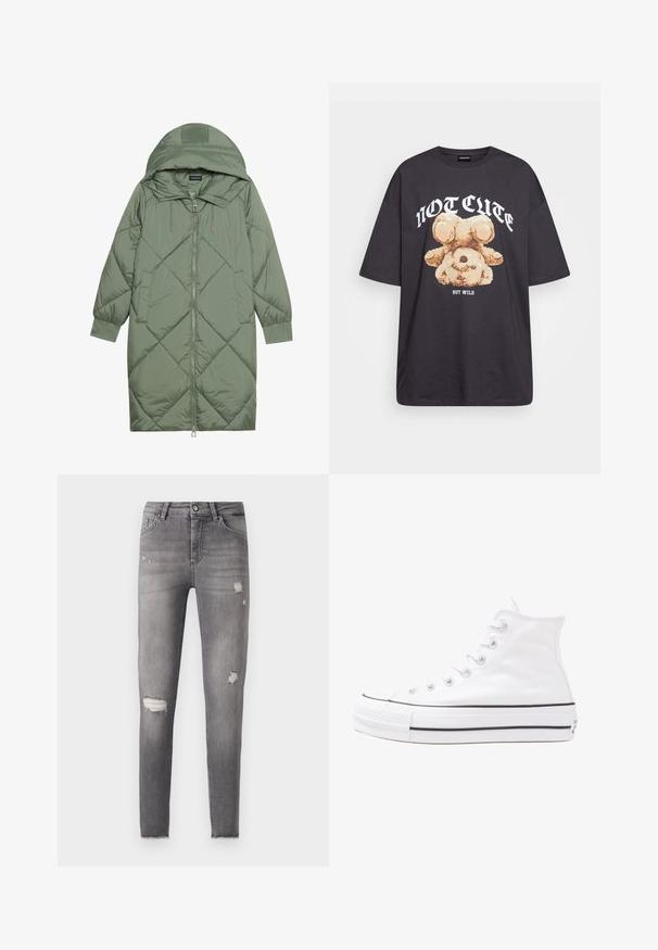 Izšūts garš zaļš pūšļa mētelis ar kapuci, ar priekšējo rāvējslēdzēju un divām sānu kabatām. Visā virsmā ir teksturēta dimanta raksts.; Melna, pārmērīga t-kreklu, kurā attēlots lācis ar uzrakstu "NAV MIERĪGS, BET VILKIS" treknos baltos burtiem. Izgatavots no kokvilnas materiāla.; Tievās džinsās izbalējuši pelēkā denima materiālā, ar nolietotiem plīsumiem abās ceļgala daļās un nedaudz saplaisājušu apakšmalu. Klasisks 5 kabatu dizains.; Balti augstie kanvas sporta apavi ar melnu gumijas zoli, priekšējo gumijas purngalu un sešām acīm lencēm, kuriem ir tīrs, minimālistisks dizains.