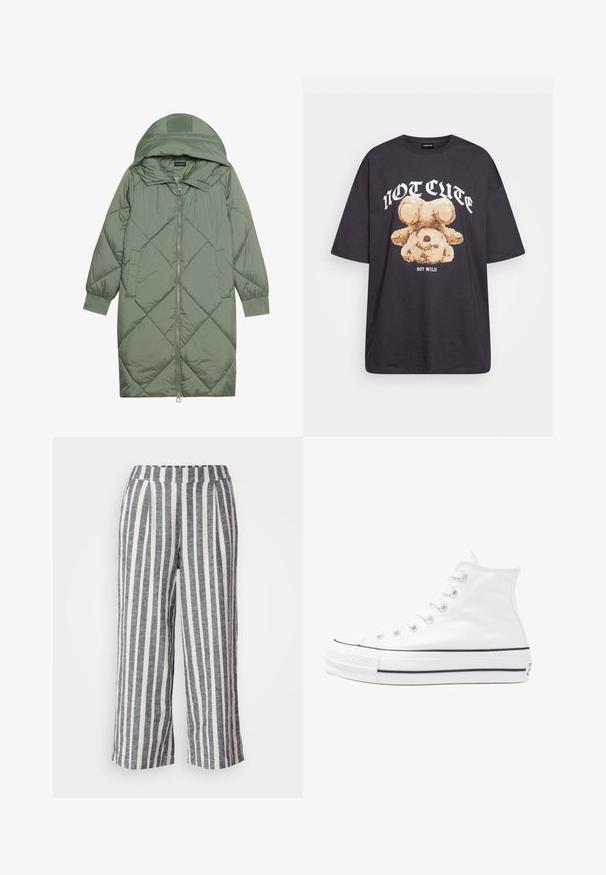 Vihreä vuorattu pitkänmallinen puhvitakki, jossa on huppu, etuvetoketju ja kaksi sivutaskua. Koko takin pinta on teksturoidussa timanttikuviossa.; Mustat ylisuurent-paidat, joissa on karhun grafiikka ja teksti "EI SULOINEN VAAN VILLI" rohkealla valkoisella fontilla. Puuvillamateriaali.; Raidalliset housut, joissa on löysä malli, valmistettu kevyestä kankaasta. Ominaisuuksiin kuuluvat leveät pystysuorat tummanharmaat ja valkoiset raidat sekä joustava vyötärö.; Valkoiset korkeavartiset kangaskengät mustalla kumipohjalla, edessä kuminen varvasosa ja kuusi nauha-aukkoa, puhtaan minimalistisella muotoilulla.