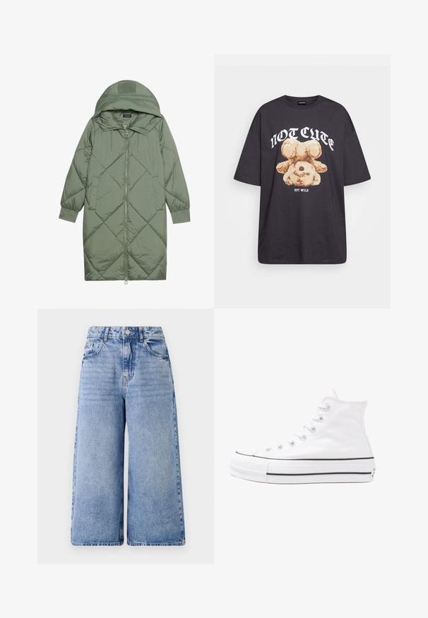 Prostorna dolga zeleni puffer plašč s kapuco, z zadrgo spredaj in dvema stranskima žepoma. Tekstura z diamantnim vzorcem po celotni površini.; Črna oversized majica s kratkimi rokavi, na kateri je grafika medveda z besedilom „NI SRČKAN VKLJUČNO Z DIVJIM“ v poudarjenem belem tisku. Material: bombaž.; Svijetloplave traper culotte hlače s visokim strukom, širokim nogavicama i prednjim džepovima. Sadrže detalje šivanja i kopčanje na dugme.; Beli visoki platneni športni čevelj z črnim gumijastim podplatom, sprednjim gumijastim zaščitnikom za prste in šestimi luknjicami za vezalke, ki se ponaša s preprostim, minimalističnim dizajnom.