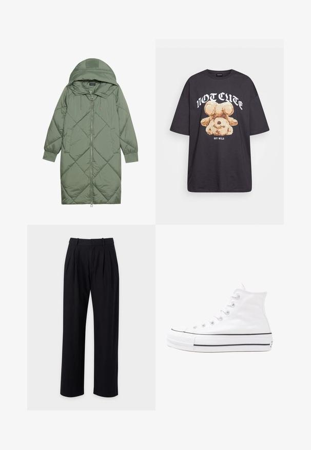 Gesteppten langer grüner Daunenmantel mit Kapuze, mit einem Reißverschluss vorne und zwei Seitentaschen. Strukturiertes Rautenmuster auf der gesamten Fläche.; Schwarzes, übergroßes T-Shirt mit einem Grafikdruck eines Bären und dem Text "NICHT SÜß, SONDERN WILD" in fetter, weißer Schrift. Baumwollmaterial.; Schwarze Hosen mit geradem Bein, ausgestattet mit Falten an der Vorderseite, einer glatten Textur und einem klassischen Bund für einen maßgeschneiderten Look.; Weiße hochwertige Leinensneaker mit schwarzer Gummisohle, vorderem Gummizehenschutz und sechs Ösen für Schnürsenkel, die ein sauberes, minimalistisches Design aufweisen.
