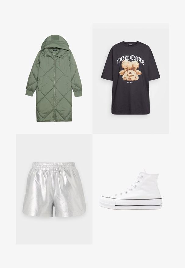 Quiltuotas ilgas žalias pūkinis paltas su kapuce, turintis priekinį užtrauktuką ir dvi šonines kišenes. Visame paviršiuje yra tekstūrinis rombų raštas.; Juodas per didelis marškinėliai su bearo grafika ir tekstu "NE SIAUBINGA, BET NERAMUS" bold baltomis raidėmis. Pagaminta iš medvilnės.; Sidabrinės metalinės šortai su elastinga juosmens juosta, turinčios lygią tekstūrą ir laisvą prigludimą. Įtrauktos šoninės kišenės patogumui.; Balti aukštakulniai drobės sportbačiai su juodu guminio pado, priekinio guminio piršto dangteliu ir šešiais akytėmis raištams, pasižymintys švariu, minimalistiniu dizainu.