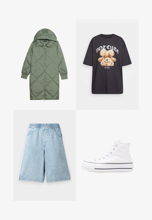 Pistetud pikk roheline puffermantel kapuutsiga, esiküljel tõmblukuga ja kahe küljetaskuga. Kogu pinnal on struktureeritud rombikujundus.; Musthave musta t-särk, millel on karu graafika ja tekst "EI NII NÄDALA, KUID MÄRG" paksult valgete tähtedega. Puuvillane materjal.; Heledad sinised teksapüksid elastse vööga, küljetaskud ja valged külje triibud, mis pakuvad mugavat istuvust ja siledat tekstuuri.; Valge kõrgem kangast tenniseking, millel on must kummist tald, ees kummist varvasetugi ja kuus aukku paelte jaoks, pakkudes puhta ja minimalistliku disaini.