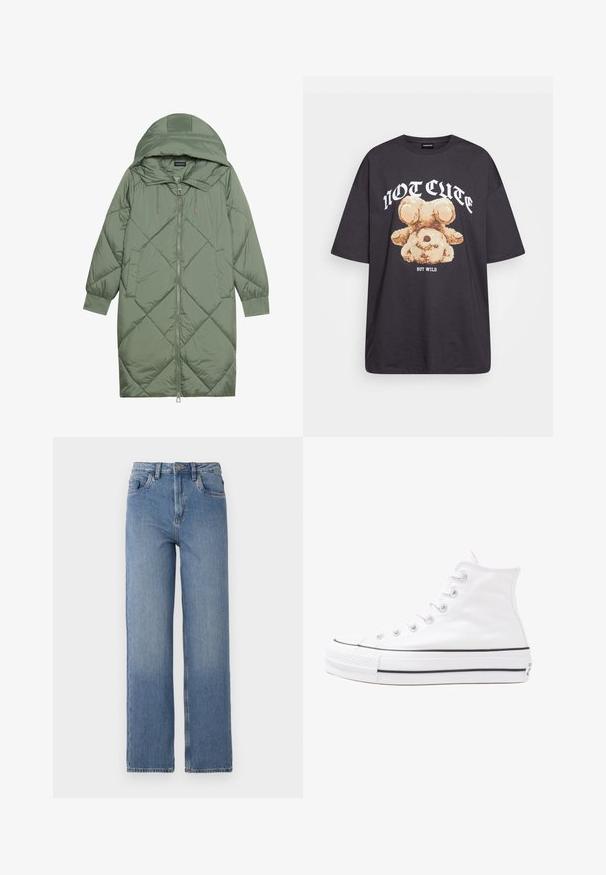 Pistetud pikk roheline puffermantel kapuutsiga, esiküljel tõmblukuga ja kahe küljetaskuga. Kogu pinnal on struktureeritud rombikujundus.; Musthave musta t-särk, millel on karu graafika ja tekst "EI NII NÄDALA, KUID MÄRG" paksult valgete tähtedega. Puuvillane materjal.; Kõrge vöökohaga sinised denim püksid sirge säärega. Omavad klassikalist viie tasku disaini ja peent pleekimist esiküljel.; Valge kõrgem kangast tenniseking, millel on must kummist tald, ees kummist varvasetugi ja kuus aukku paelte jaoks, pakkudes puhta ja minimalistliku disaini.