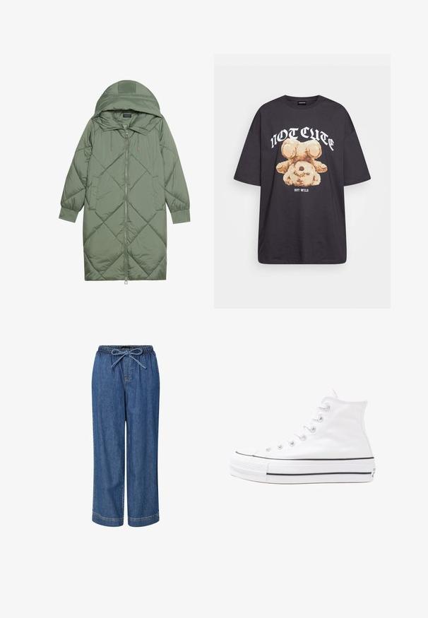 Casaco puffer longo verde acolchoado com capuz, apresentando um fecho frontal com zíper e dois bolsos laterais. Padrão texturizado em forma de diamante por todo o casaco.; T-shirt oversized preto com uma gráfica de um urso e o texto "NÃO FOFO, MAS SELVAGEM" em letras brancas e em negrito. Material em algodão.; Calças de ganga de puxar na cor azul média, com uma cintura elástica e cordão. Apresenta pernas largas e detalhes de costura na bainha.; Sapatilha alta de tela branca com sola de borracha preta, bico de borracha na frente e seis ilhós para os atacadores, apresentando um design limpo e minimalista.