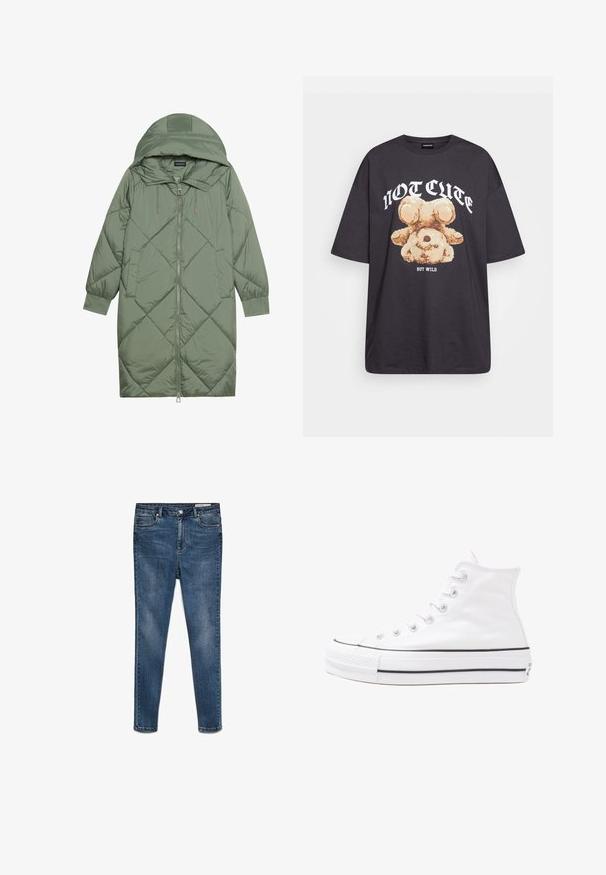 Izšūts garš zaļš pūšļa mētelis ar kapuci, ar priekšējo rāvējslēdzēju un divām sānu kabatām. Visā virsmā ir teksturēta dimanta raksts.; Melna, pārmērīga t-kreklu, kurā attēlots lācis ar uzrakstu "NAV MIERĪGS, BET VILKIS" treknos baltos burtiem. Izgatavots no kokvilnas materiāla.; Tumši zili džinsu skinny bikses ar vidēju jostasvietu, piecām kabatām un vieglu izbalēšanu. Iekļauta pogu un rāvējslēdzēja aizdare.; Balti augstie kanvas sporta apavi ar melnu gumijas zoli, priekšējo gumijas purngalu un sešām acīm lencēm, kuriem ir tīrs, minimālistisks dizains.