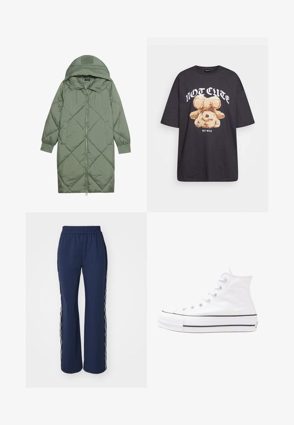 Vihreä vuorattu pitkänmallinen puhvitakki, jossa on huppu, etuvetoketju ja kaksi sivutaskua. Koko takin pinta on teksturoidussa timanttikuviossa.; Mustat ylisuurent-paidat, joissa on karhun grafiikka ja teksti "EI SULOINEN VAAN VILLI" rohkealla valkoisella fontilla. Puuvillamateriaali.; ONLY ONLWARM UP TRACK PANT - Verryttelyhousut - navy blazer/whitecap/gray; Valkoiset korkeavartiset kangaskengät mustalla kumipohjalla, edessä kuminen varvasosa ja kuusi nauha-aukkoa, puhtaan minimalistisella muotoilulla.