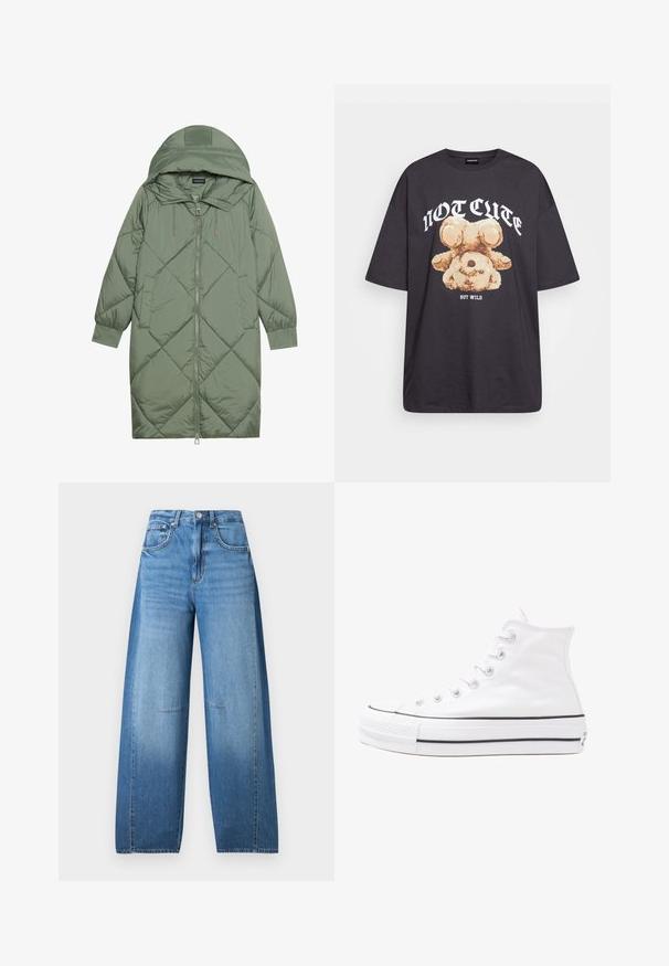 Vihreä vuorattu pitkänmallinen puhvitakki, jossa on huppu, etuvetoketju ja kaksi sivutaskua. Koko takin pinta on teksturoidussa timanttikuviossa.; Mustat ylisuurent-paidat, joissa on karhun grafiikka ja teksti "EI SULOINEN VAAN VILLI" rohkealla valkoisella fontilla. Puuvillamateriaali.; Korkeavyötäröiset, leveälahkeiset farkut vaaleansinisestä denimistä, jossa on haalistunut vaikutelma. Niissä on nappilukitus, viisi taskua ja ompeluyksityiskohtia.; Valkoiset korkeavartiset kangaskengät mustalla kumipohjalla, edessä kuminen varvasosa ja kuusi nauha-aukkoa, puhtaan minimalistisella muotoilulla.