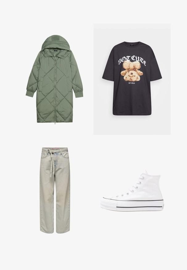 Quiltet lang grønn pufferjakke med hette, med en frontglidelås og to sidelommer. Teksturerte diamantmønster overalt.; Svart oversized t-skjorte med en grafikk av en bjørn og teksten "IKKE SØT, MEN VILL" i fet, hvit skrift. Laget av bomull.; Lyseblå vid bukse med belte i livet, med slitte detaljer og klassisk fem-lommers design, laget av denimstoff.; Hvit høy-skinn kanvas sneakers med svart gummisåle, gummitåhette foran og seks hull for snorer, med et rent, minimalistisk design.