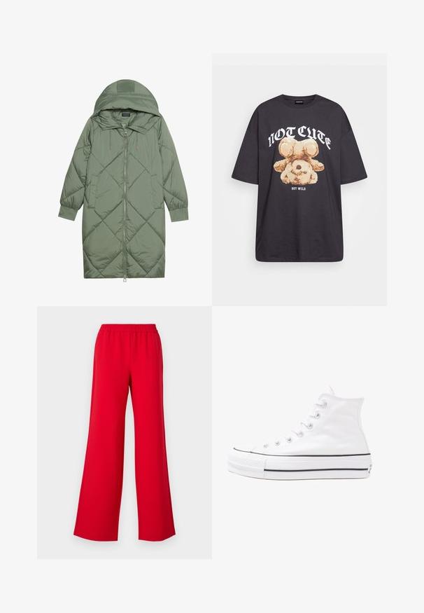 Manteau matelassé long vert avec capuche, doté d'une fermeture éclair à l'avant et de deux poches latérales. Motif en losanges texturé sur toute sa surface.; T-shirt noir oversize avec un graphique d'un ours et le texte « PAS MIGNON MAIS SAUVAGE » en lettres blanches, en gras. Matériau en coton.; Pantalons larges rouges avec une taille élastique, fabriqués à partir d'un matériau léger et lisse. Le design ne présente aucun détail métallique visible ni motif.; Baskets montantes en toile blanche avec semelle en caoutchouc noir, capuchon en caoutchouc à l'avant, et six œillets pour les lacets, présentant un design épuré et minimaliste.