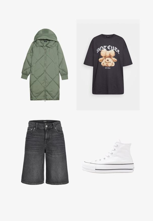 Quiltuotas ilgas žalias pūkinis paltas su kapuce, turintis priekinį užtrauktuką ir dvi šonines kišenes. Visame paviršiuje yra tekstūrinis rombų raštas.; Juodas per didelis marškinėliai su bearo grafika ir tekstu "NE SIAUBINGA, BET NERAMUS" bold baltomis raidėmis. Pagaminta iš medvilnės.; Tamsiai pilki džinsiniai šortai su klasikinio kirpimo, penkių kišenių dizainu ir mygtuko uždarymu. Subtilus pašviesinimas ir siuvinėjimo detalės ant apačios.; Balti aukštakulniai drobės sportbačiai su juodu guminio pado, priekinio guminio piršto dangteliu ir šešiais akytėmis raištams, pasižymintys švariu, minimalistiniu dizainu.