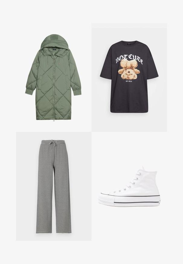 Gequiltede lange groene pufferjas met een capuchon, met een ritssluiting aan de voorkant en twee zijzakken. Gelaagd ruitpatroon overal.; Zwart oversized t-shirt met een afbeelding van een beer en de tekst "NIET SCHATTIG, MAAR WILD" in grote, witte letters. Gemaakt van katoen.; Gestreepte zwart-witte broek met wijde pijpen en een koordje in de taille. Gemaakt van zachte stof, met horizontale strepen en een comfortabele pasvorm.; Witte high-top canvas sneakers met een zwarte rubberen zool, een rubberen neuskap aan de voorkant en zes gaatjes voor veters, met een schone, minimalistische uitstraling.