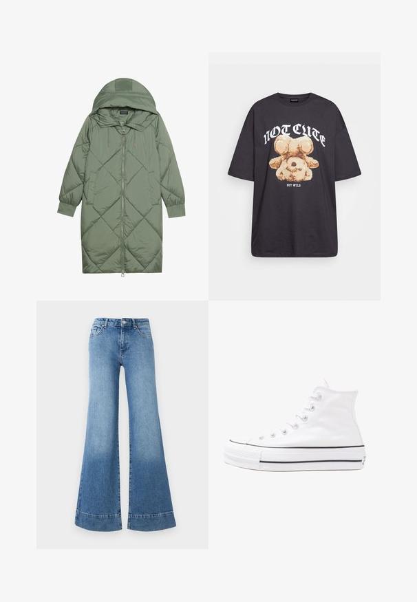 Quiltet lang grønn pufferjakke med hette, med en frontglidelås og to sidelommer. Teksturerte diamantmønster overalt.; Svart oversized t-skjorte med en grafikk av en bjørn og teksten "IKKE SØT, MEN VILL" i fet, hvit skrift. Laget av bomull.; Lys blå denim bukser med høy livhøyde, brede ben og en lett falming. Har klassisk fem-lomme design og metallknapplukking.; Hvit høy-skinn kanvas sneakers med svart gummisåle, gummitåhette foran og seks hull for snorer, med et rent, minimalistisk design.
