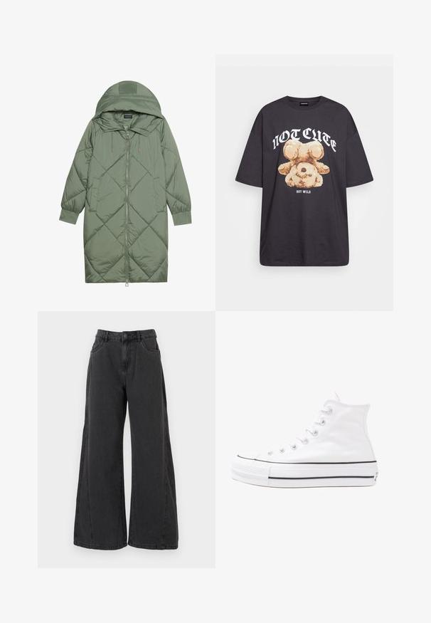 Casaco puffer longo verde acolchoado com capuz, apresentando um fecho frontal com zíper e dois bolsos laterais. Padrão texturizado em forma de diamante por todo o casaco.; T-shirt oversized preto com uma gráfica de um urso e o texto "NÃO FOFO, MAS SELVAGEM" em letras brancas e em negrito. Material em algodão.; Calças de ganga pretas de perna larga com uma cintura alta, bolsos frontais e uma textura suave. Apresentam uma pala central com fecho de botão.; Sapatilha alta de tela branca com sola de borracha preta, bico de borracha na frente e seis ilhós para os atacadores, apresentando um design limpo e minimalista.